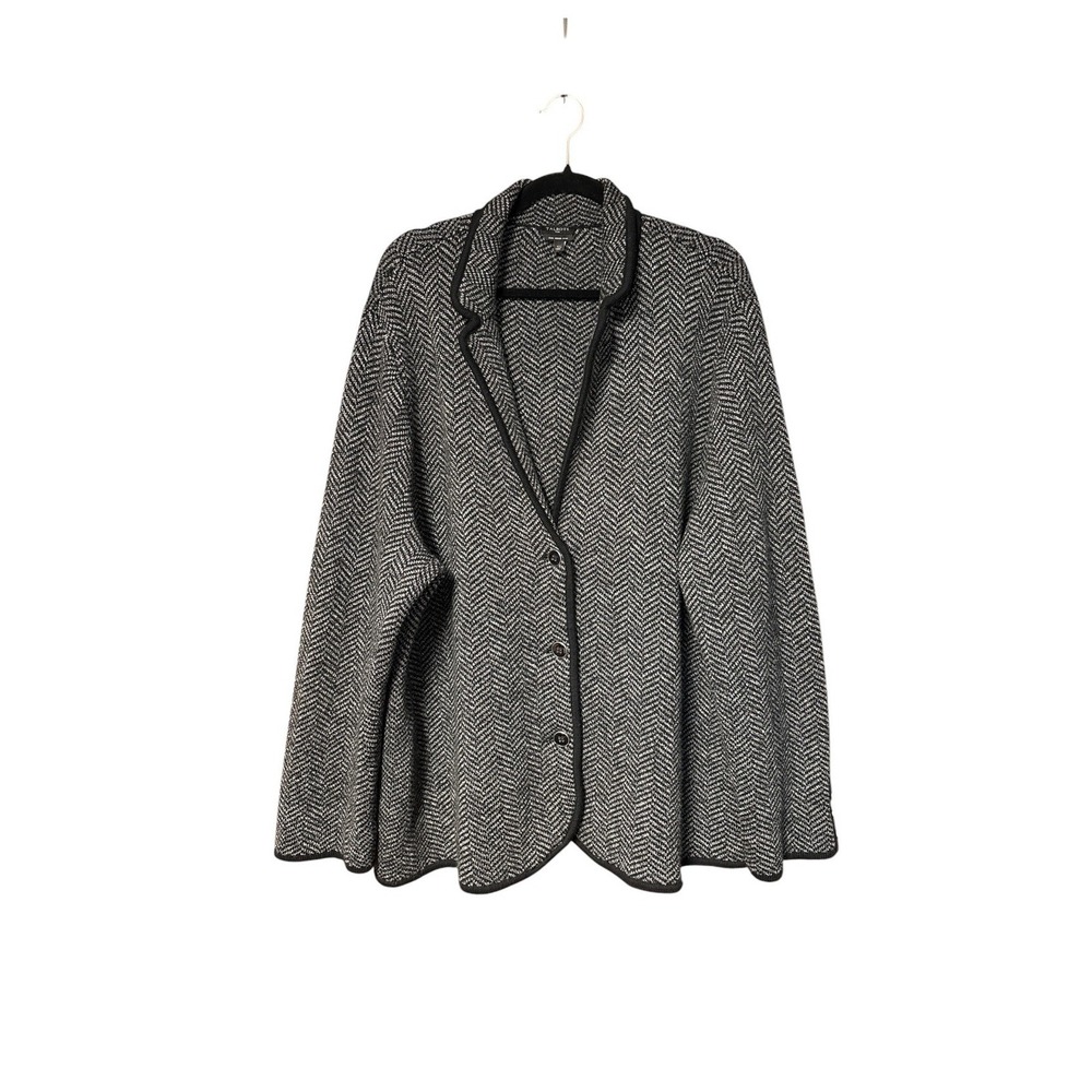 Talbots Plus 3X Pure Merino Wool Herringbone Cardigan Blazer Sweater Black White